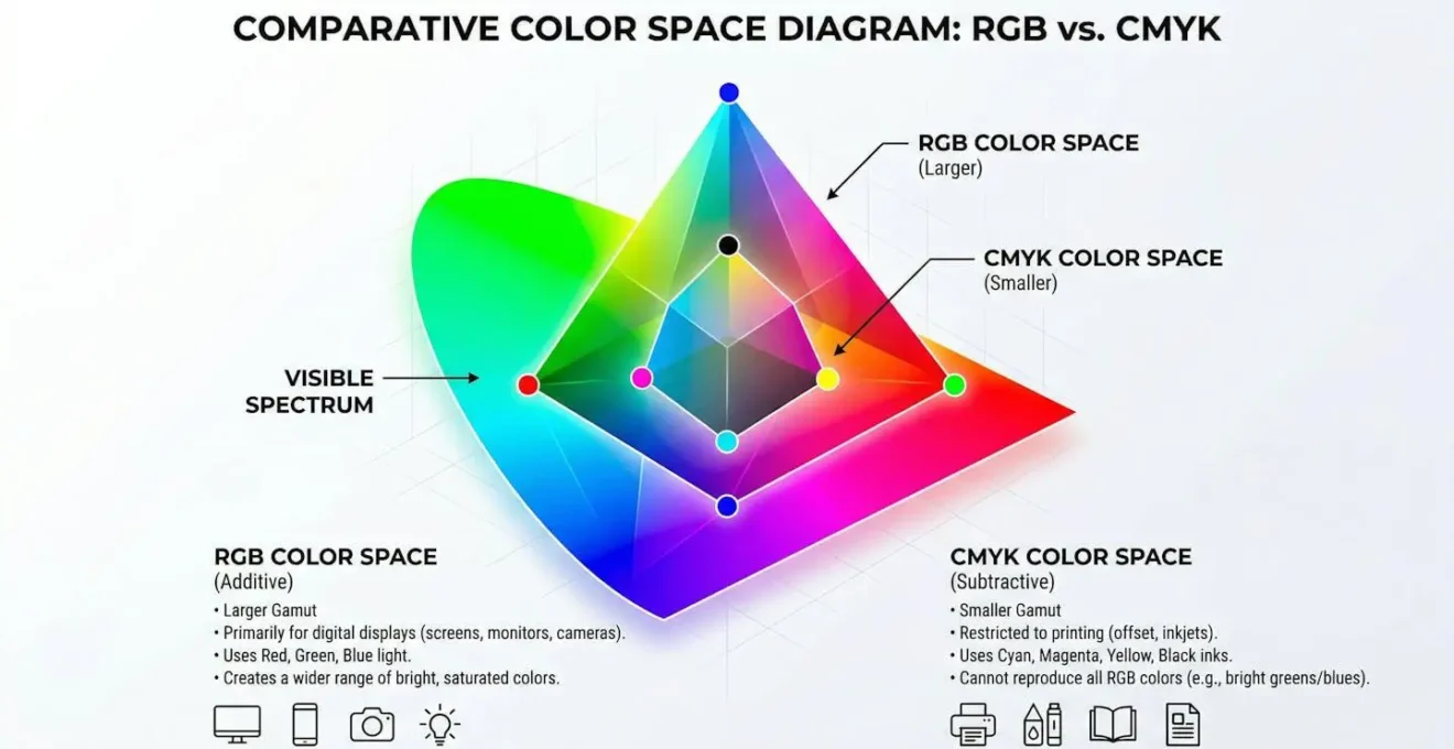Diagramme comparatif montrant l'espace colorimétrique RVB plus large que le CMJN