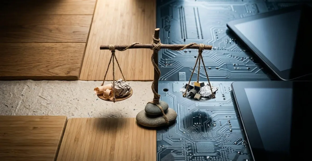 Composition symbolique montrant l'équilibre entre matériaux naturels et technologie