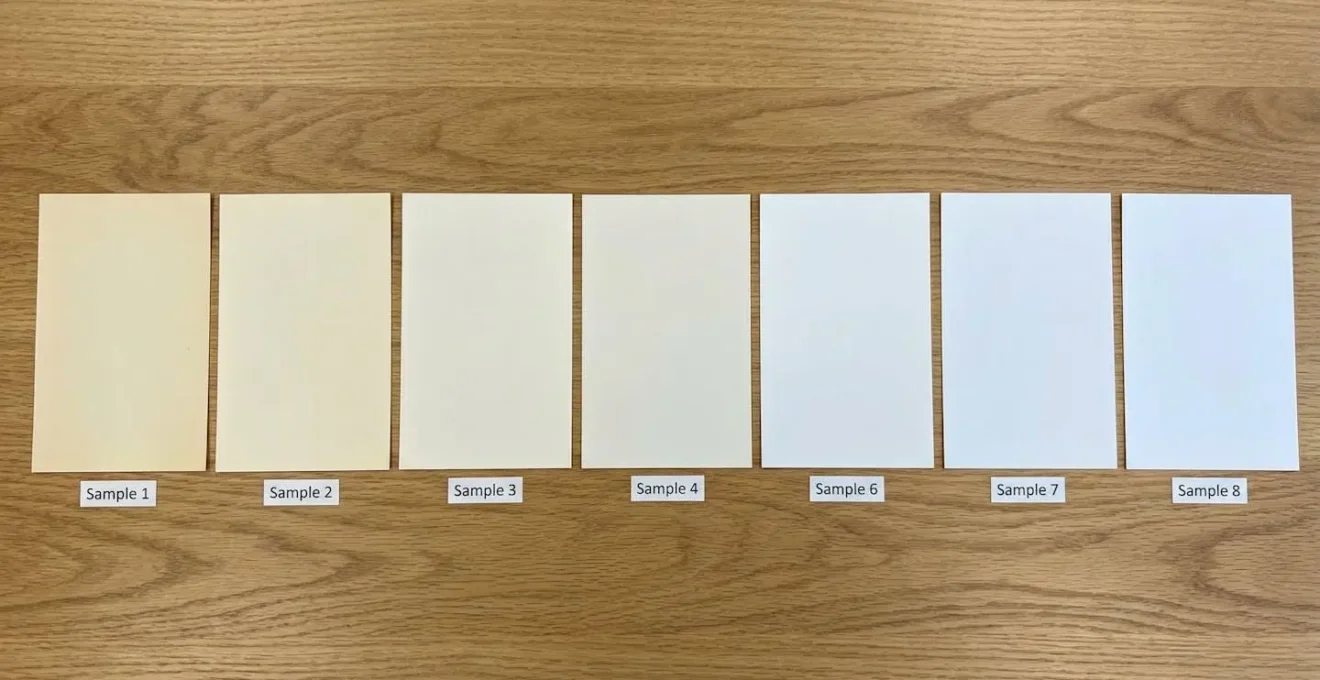 Comparaison visuelle de différents niveaux de blancheur de papier avec des échantillons côte à côte