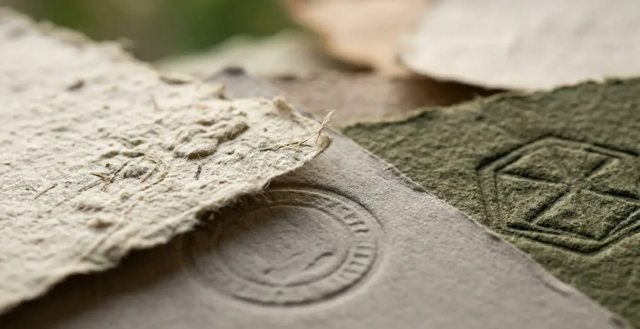 Composition visuelle montrant des feuilles de papier avec différentes textures et des sceaux de certification abstraits