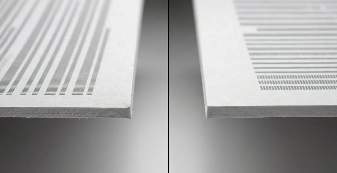 Vue macro comparative de deux documents avec marges différentes, l'un aéré et l'autre dense.