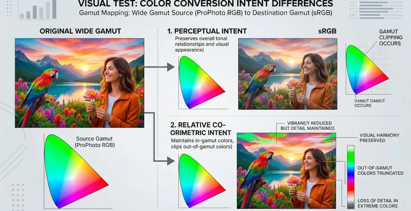 Test visuel montrant les différences entre conversion perceptive et relative colorimétrique
