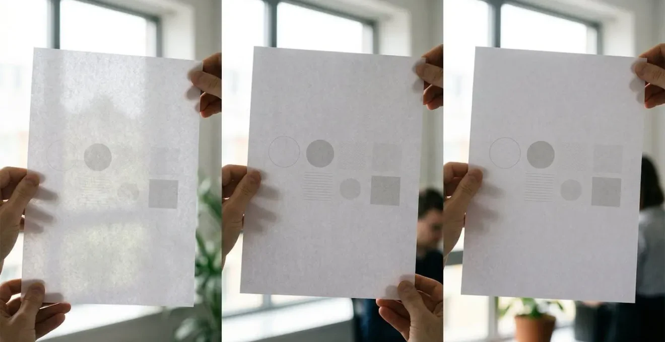 Comparaison côte à côte de trois feuilles imprimées montrant différents niveaux de transparence