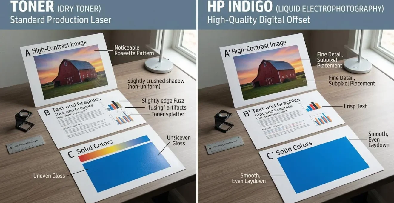 Échantillons d'impression montrant les différences de rendu entre technologies toner et HP Indigo