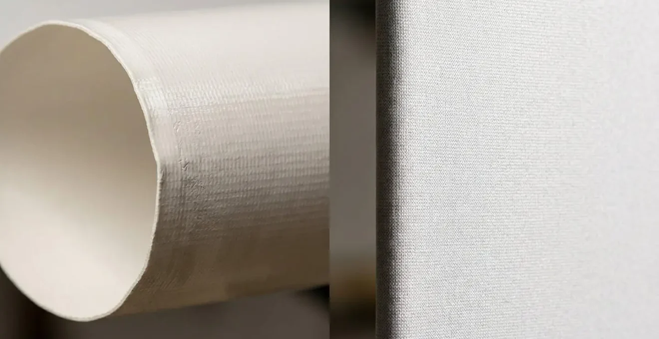 Vue macro montrant la différence de planéité entre une bâche PVC qui rebique et un tissu tendu parfaitement plat