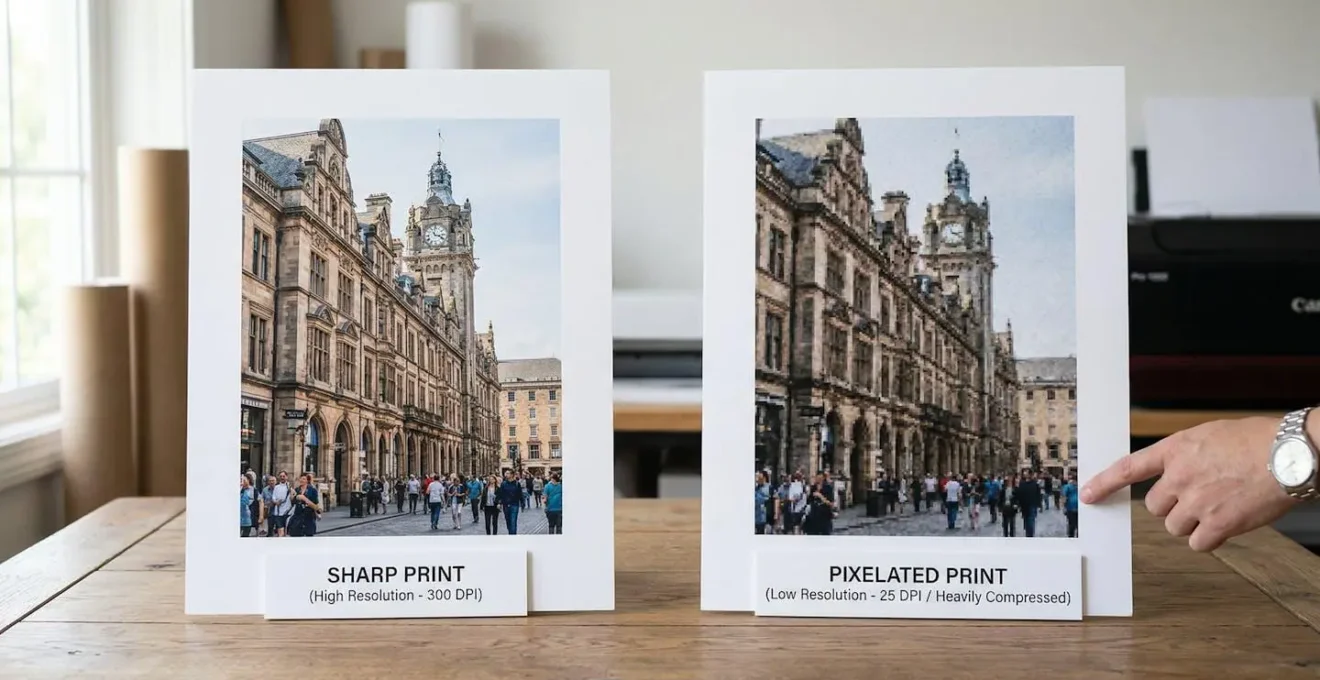 Comparaison visuelle entre une image nette et une image pixelisée à l'impression