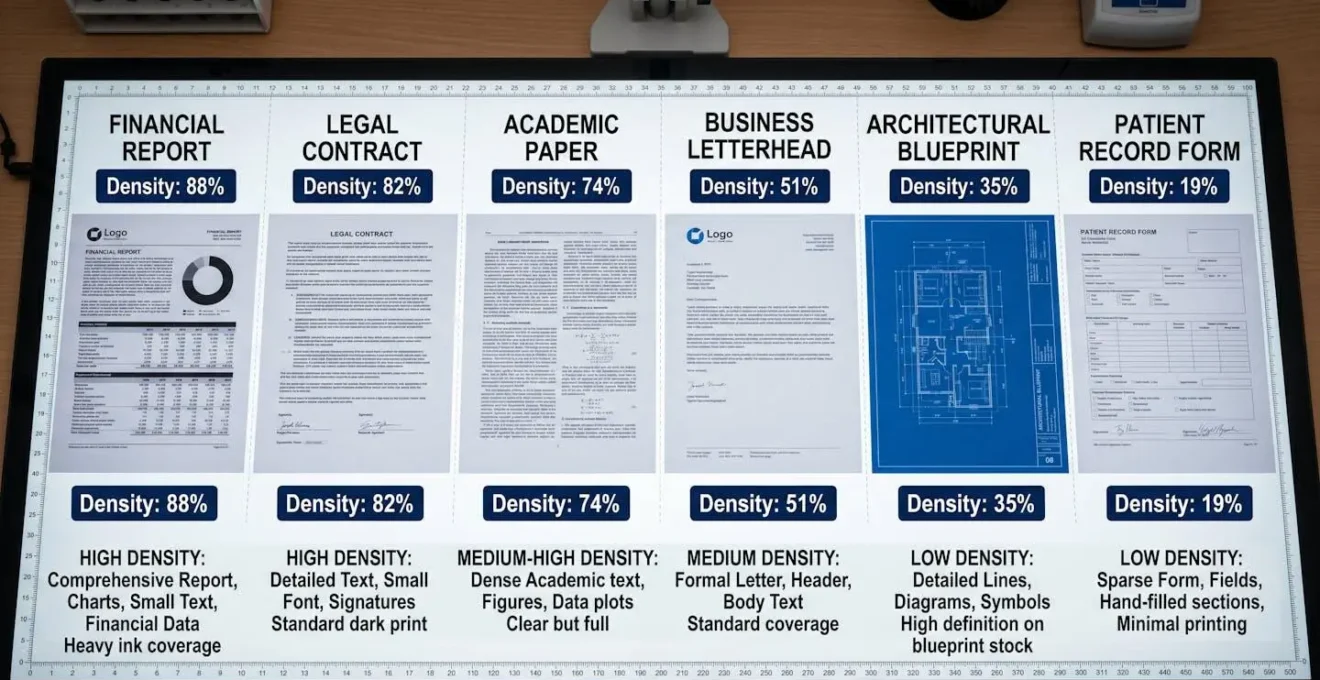 Comparaison visuelle de la densité d'encre entre différents types de documents professionnels