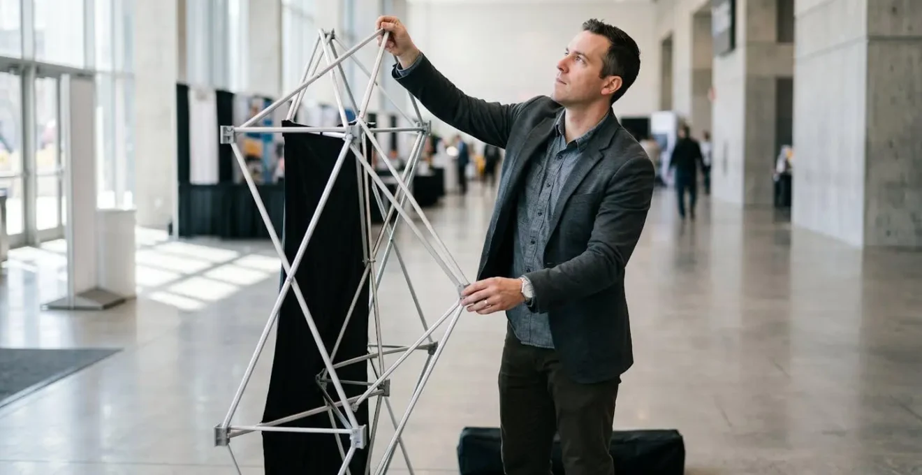 Personne assemblant un stand parapluie aluminium avec système de déploiement rapide dans un espace d'exposition
