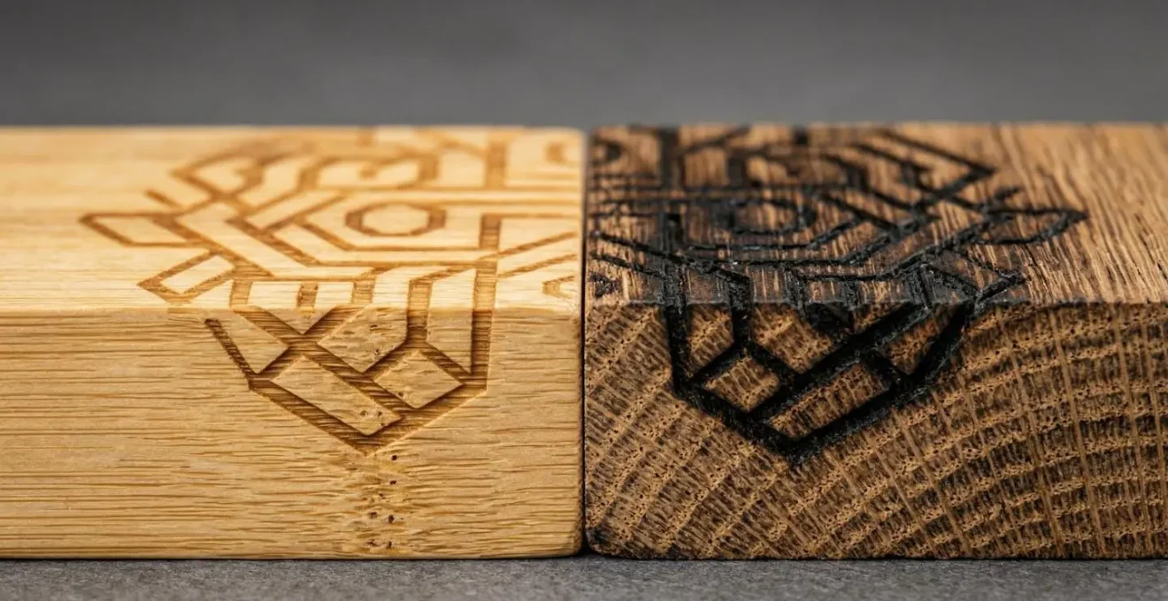 Comparaison visuelle du rendu de gravure laser sur bambou et chêne