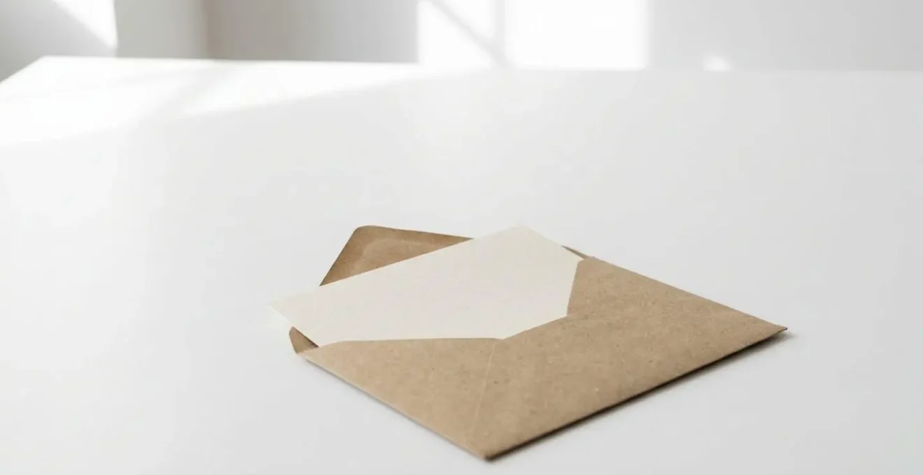 Enveloppe élégante ouverte révélant un courrier personnalisé dans un environnement minimaliste