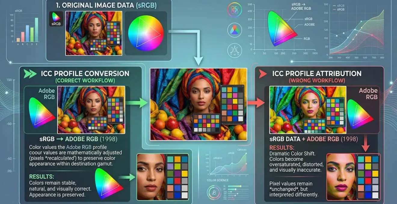Comparaison visuelle entre conversion et attribution de profil ICC sur une image test