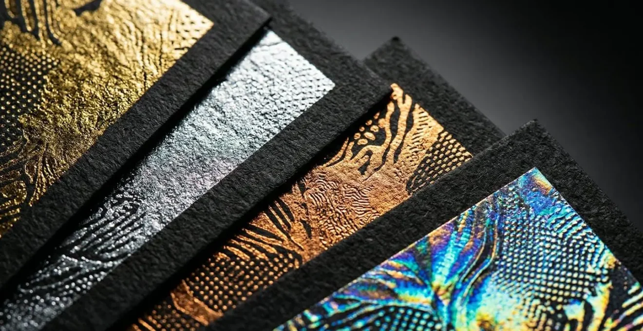 Échantillons de différentes teintes de dorure à chaud sur papier noir texturé