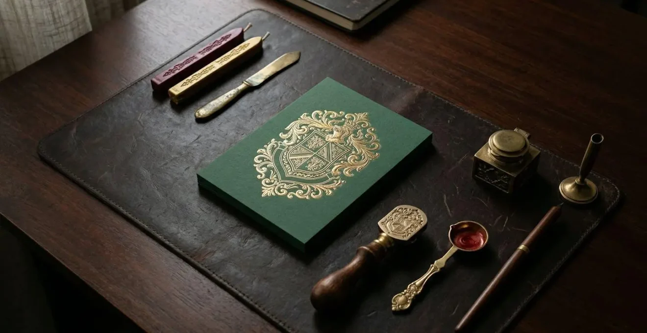 Détail d'un effet blason combinant gaufrage et dorure sur invitation prestigieuse