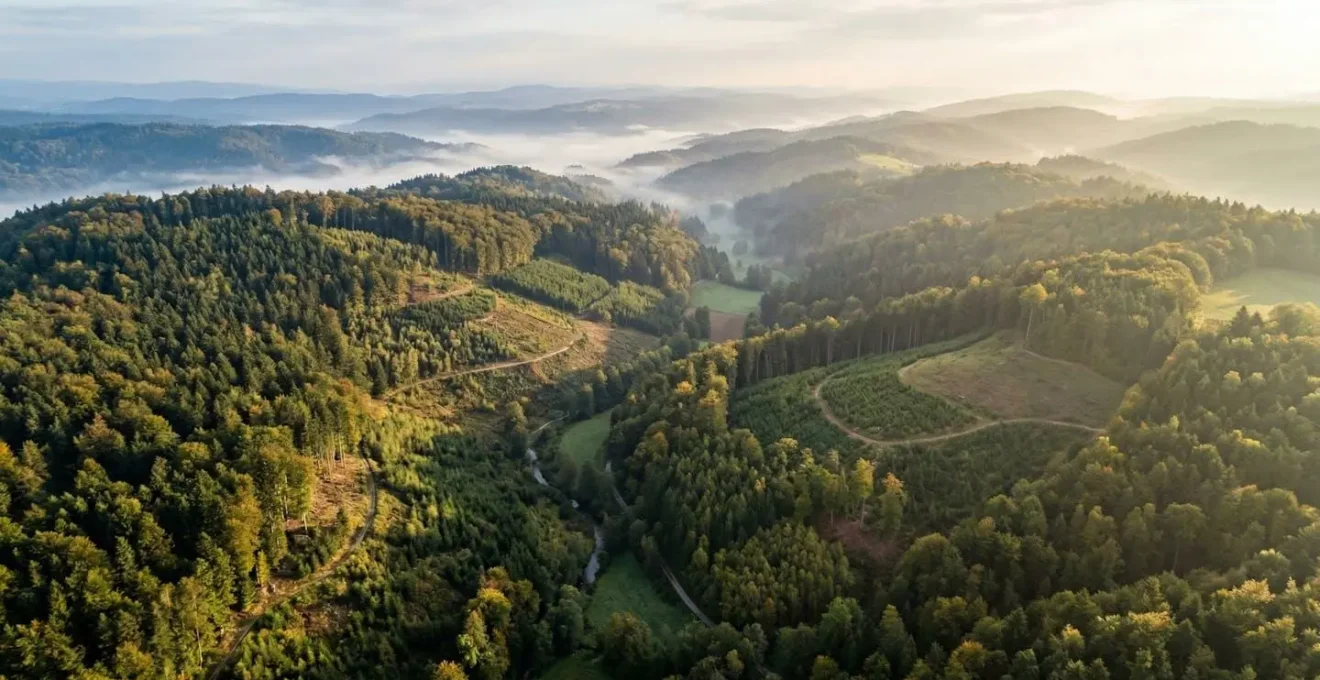 Vue aérienne d'une forêt européenne gérée durablement avec zones de coupe sélective