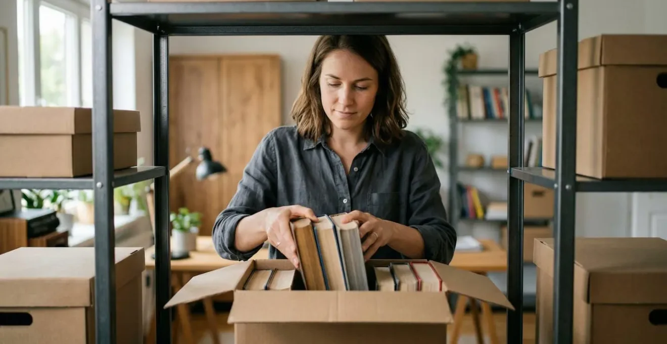 Espace de stockage organisé avec des livres soigneusement rangés sur des étagères métalliques.