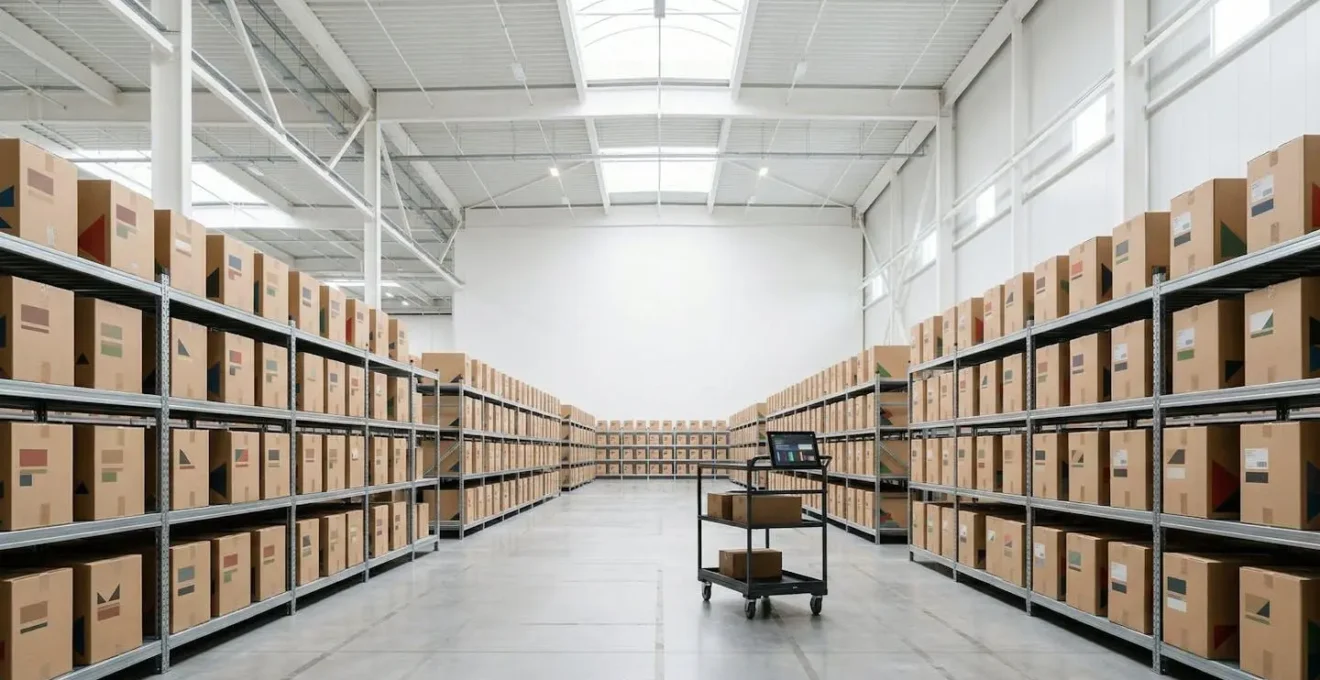 Vue minimaliste d'un système de distribution organisé avec boîtes et étiquettes