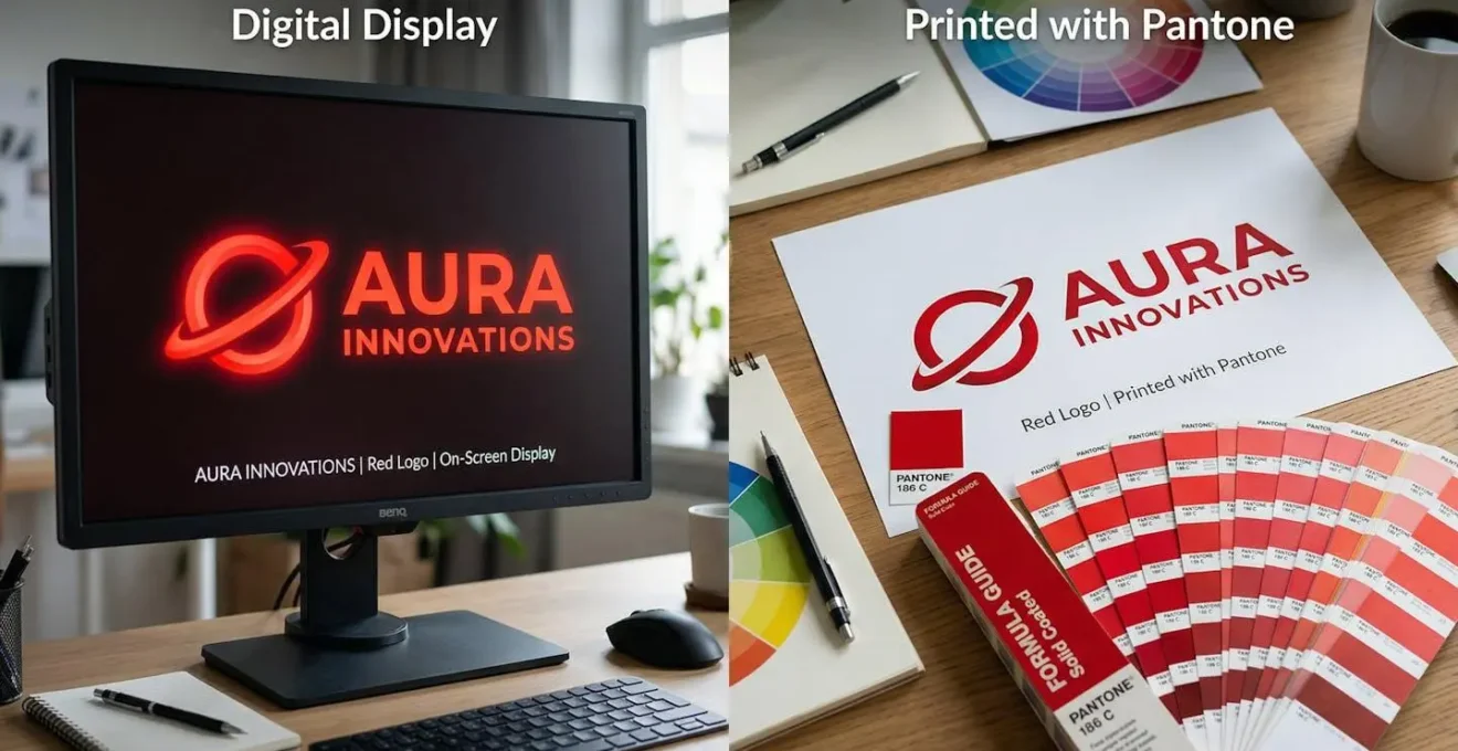 Comparaison d'un logo rouge vif sur écran versus impression avec nuancier Pantone