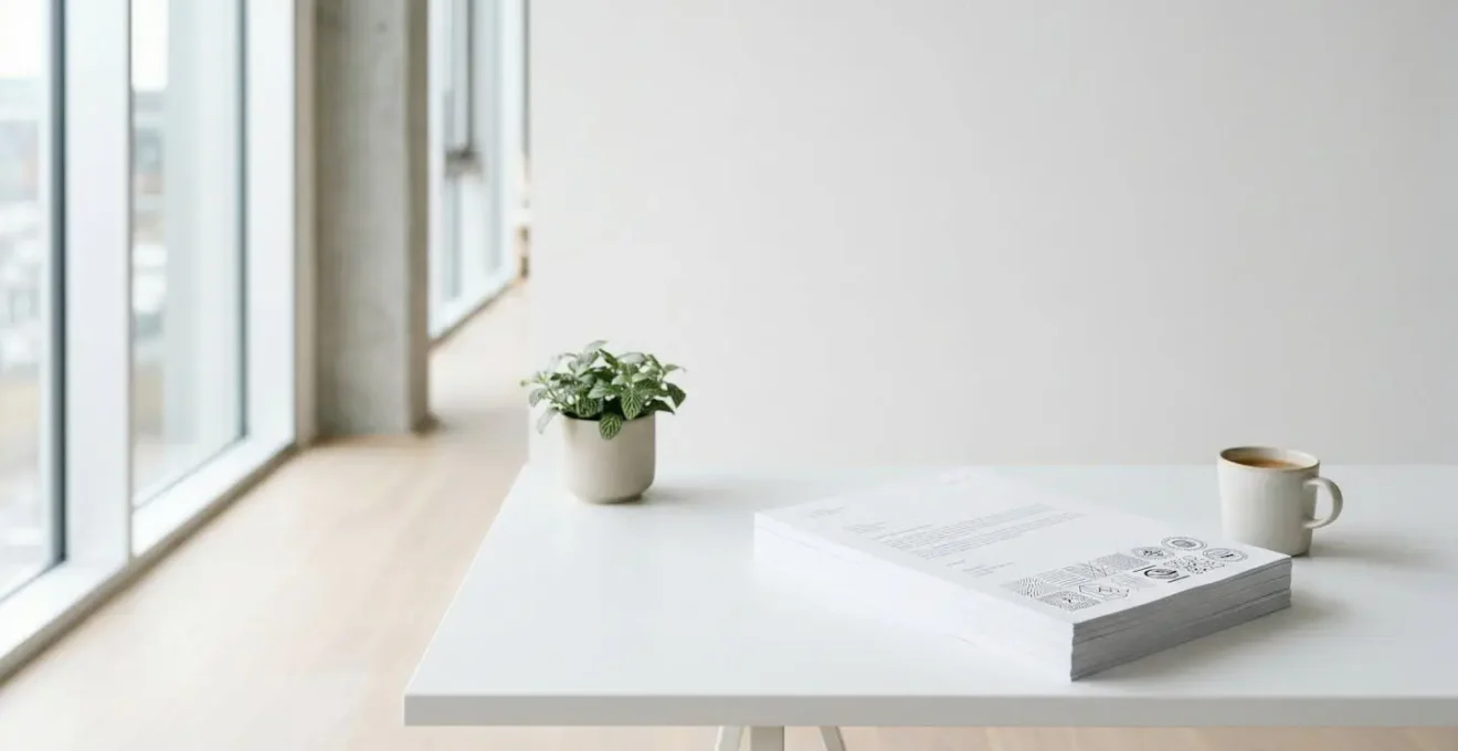 Composition minimaliste d'un bureau avec documents imprimés montrant différentes certifications écologiques
