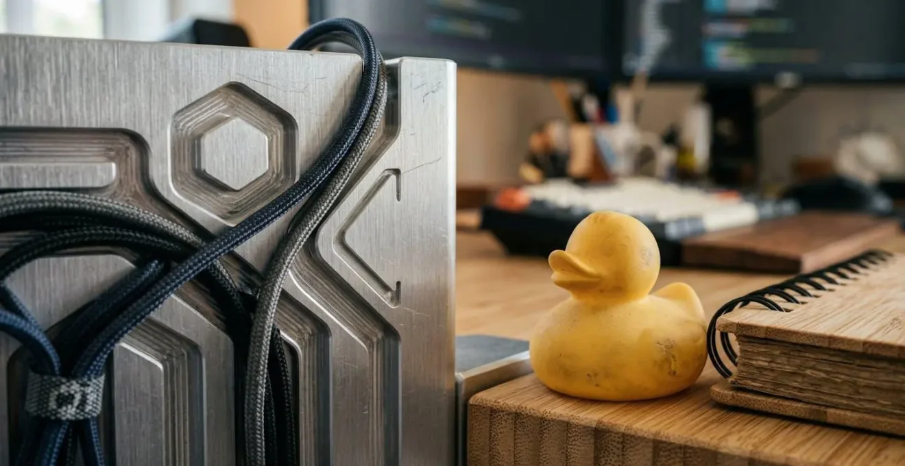 Bureau de développeur avec objets techniques personnalisés et organisateur de câbles