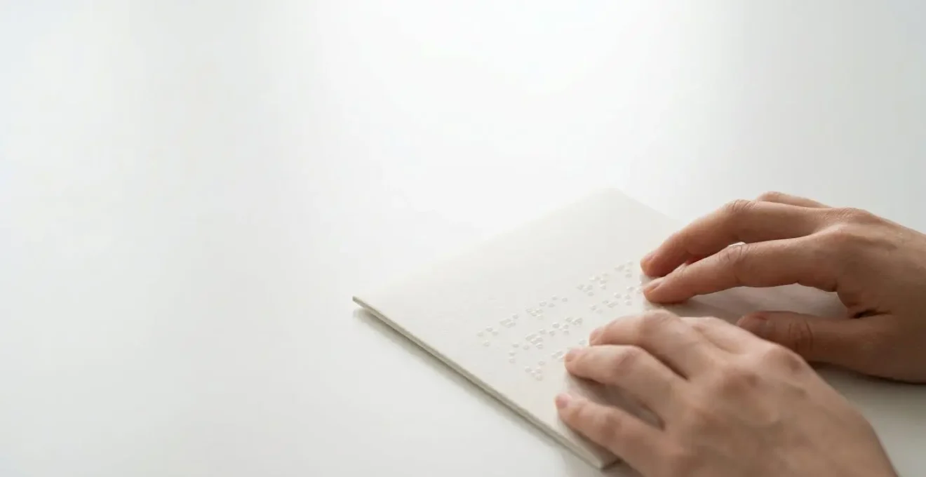Doigts lisant du Braille en relief créé par vernis 3D sur un packaging