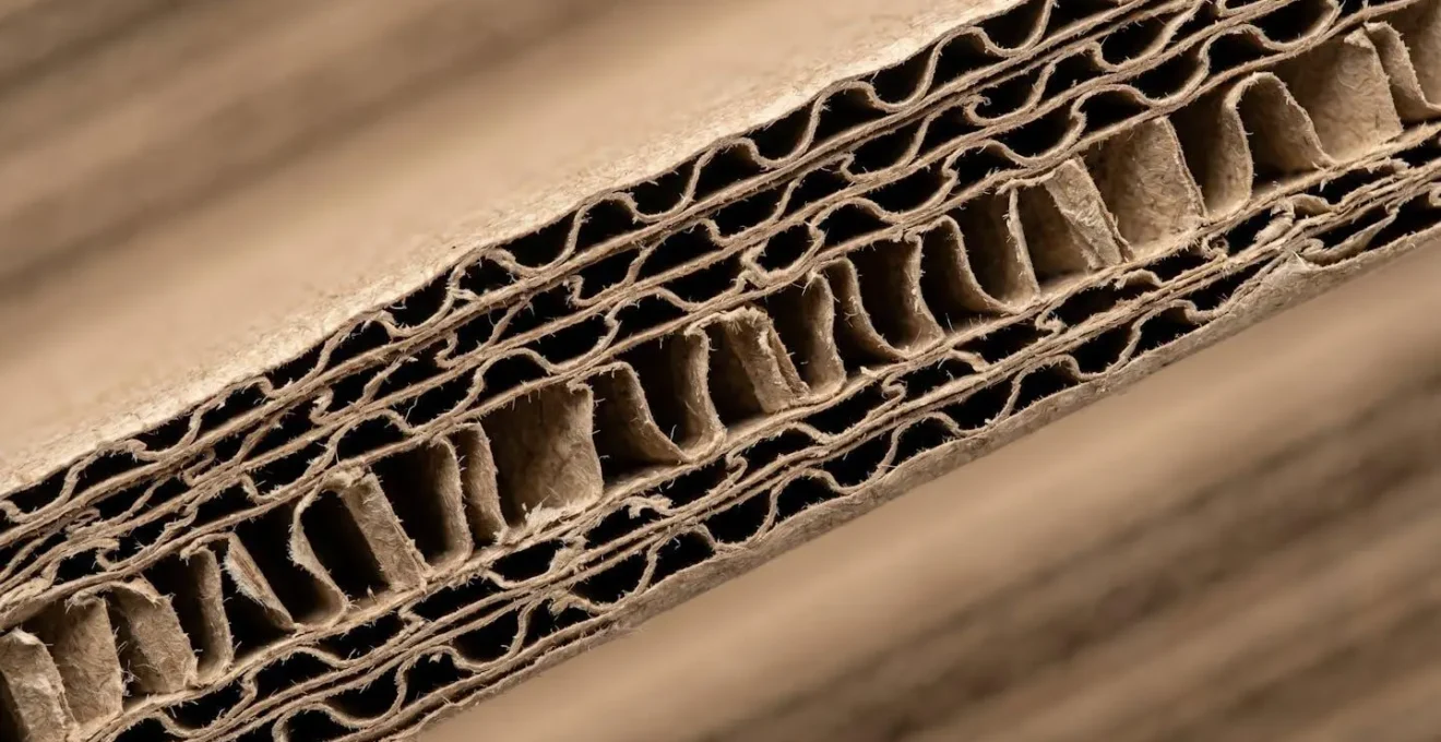 Vue macro de cannelures de carton montrant l'orientation des fibres et la résistance structurelle