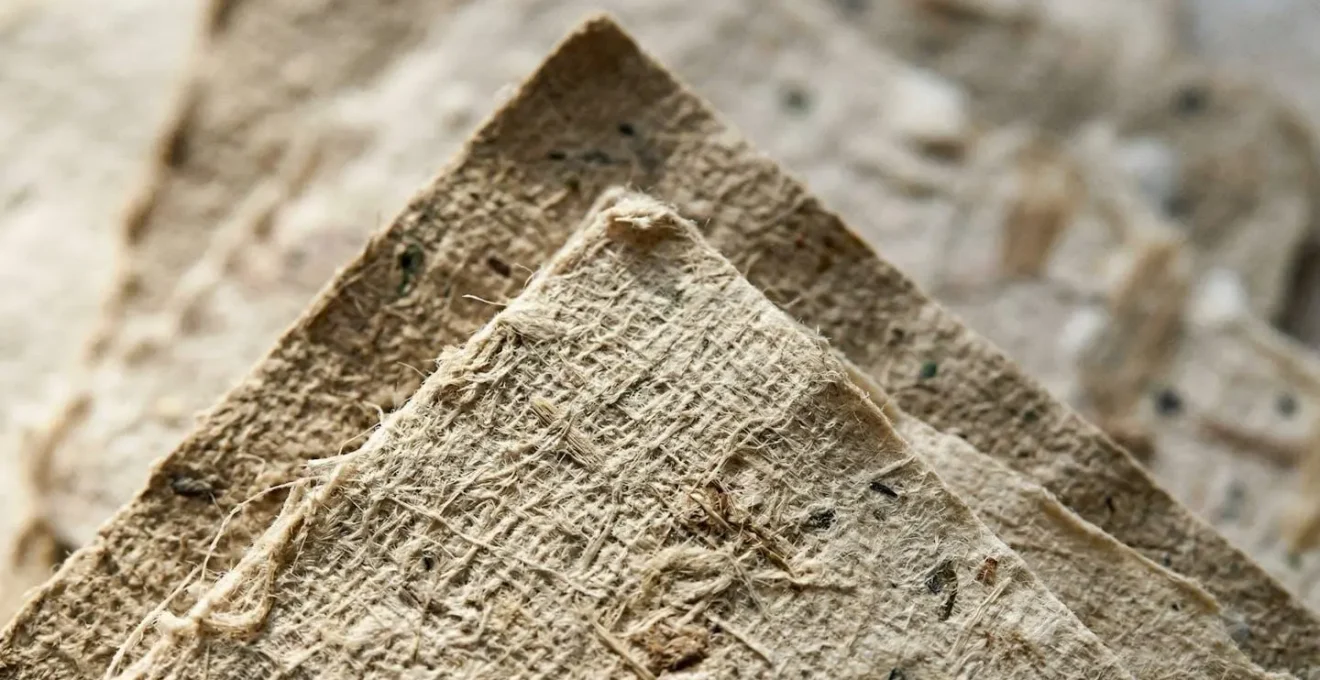 Gros plan sur la texture d'un papier recyclé, montrant les fibres naturelles et un aspect organique.