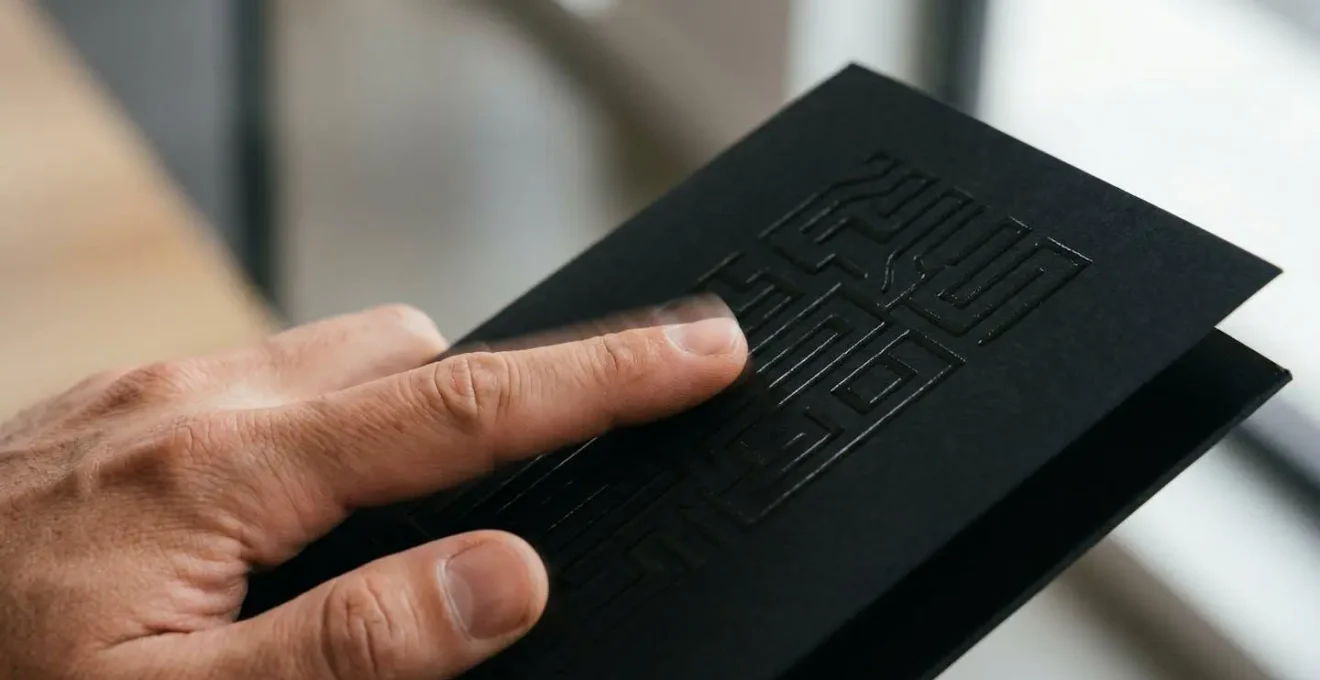 Doigt suivant un parcours tactile invisible créé par le vernis 3D sur une brochure