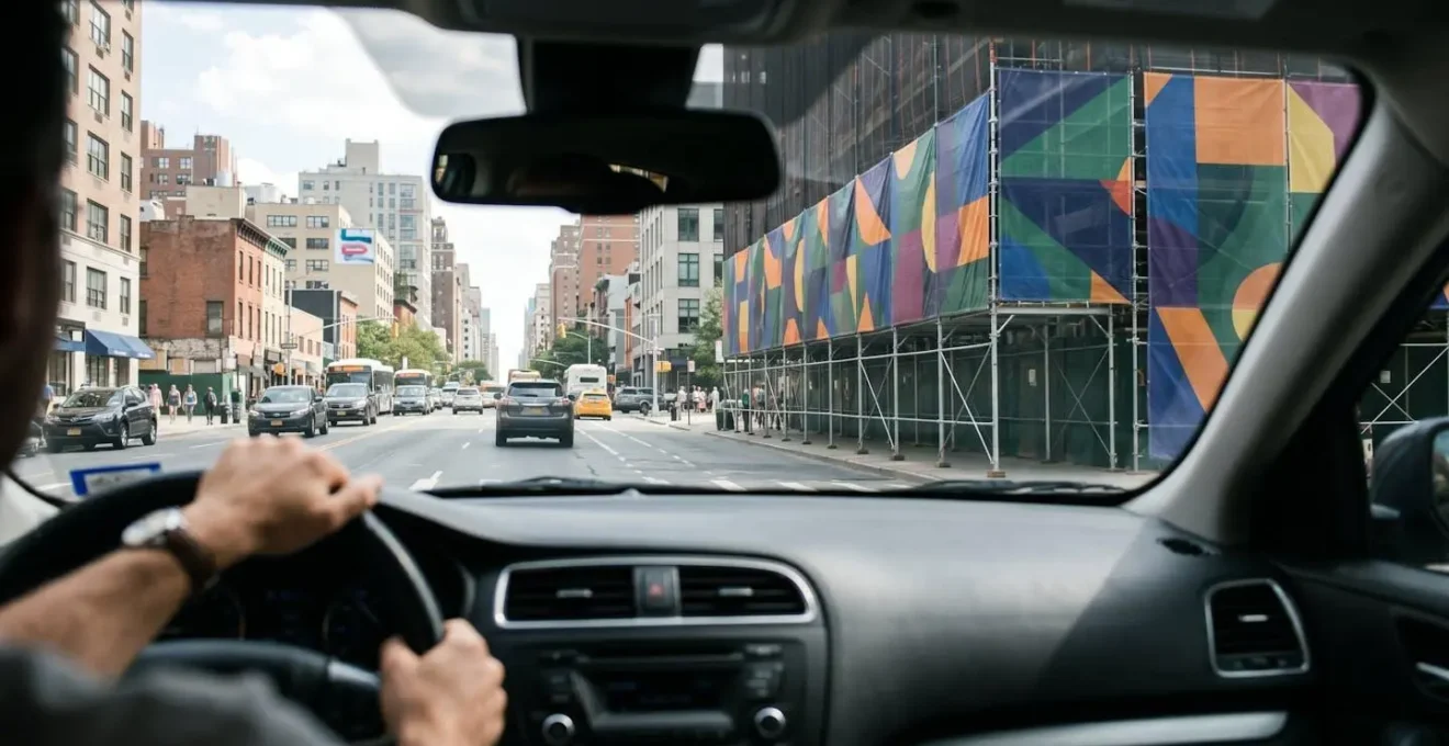 Vue depuis l'habitacle d'une voiture montrant la perception d'une bâche publicitaire sur échafaudage