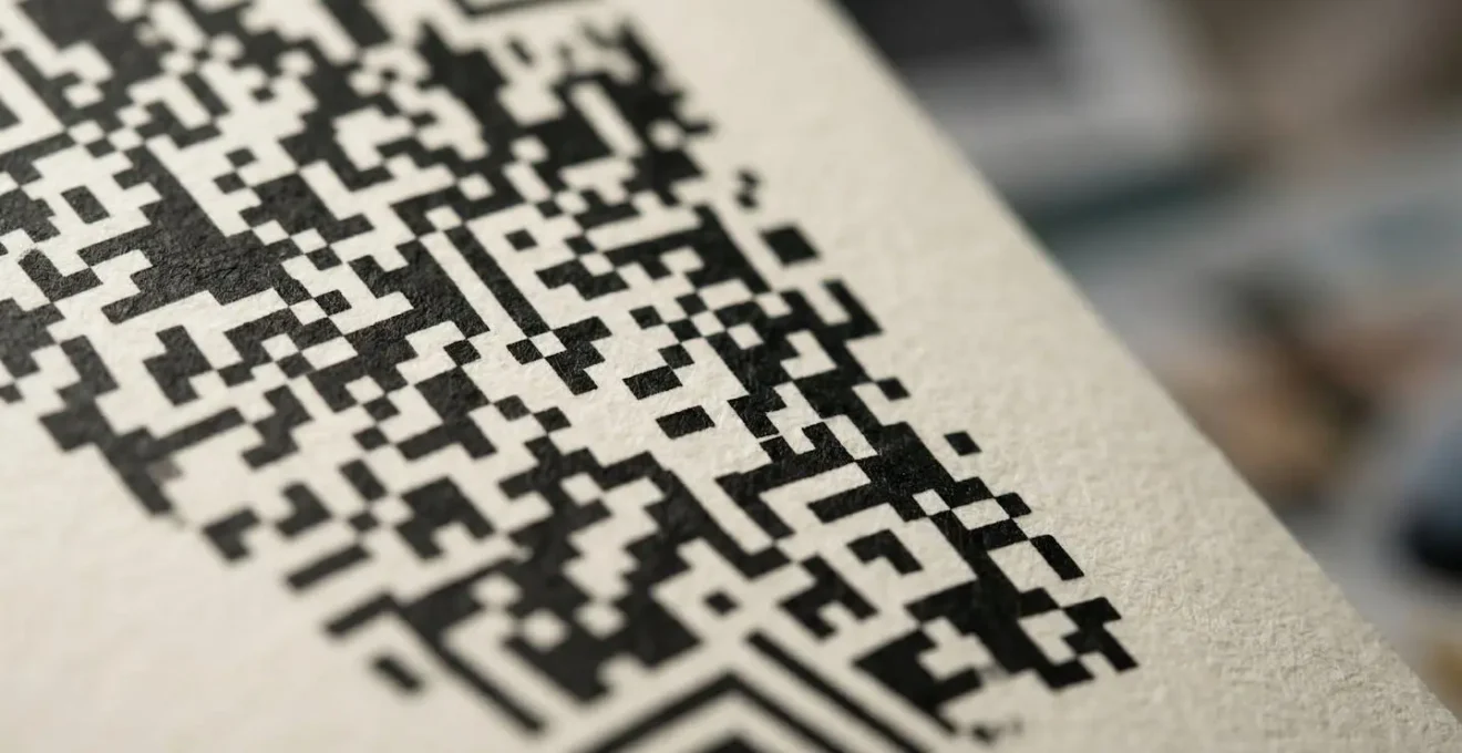 Vue macro détaillée d'un QR code imprimé sur papier texturé avec effet de profondeur de champ
