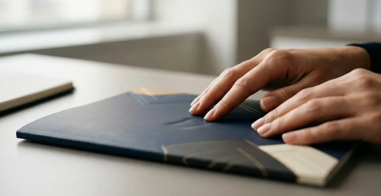 Mains touchant délicatement une plaquette commerciale avec finition soft-touch révélant la texture veloutée