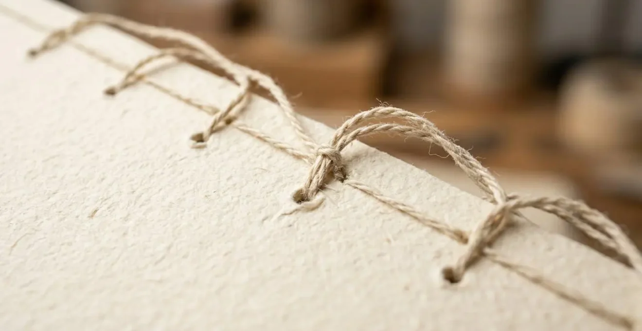 Détail macro d'une reliure Singer montrant le fil de couture sur papier texturé
