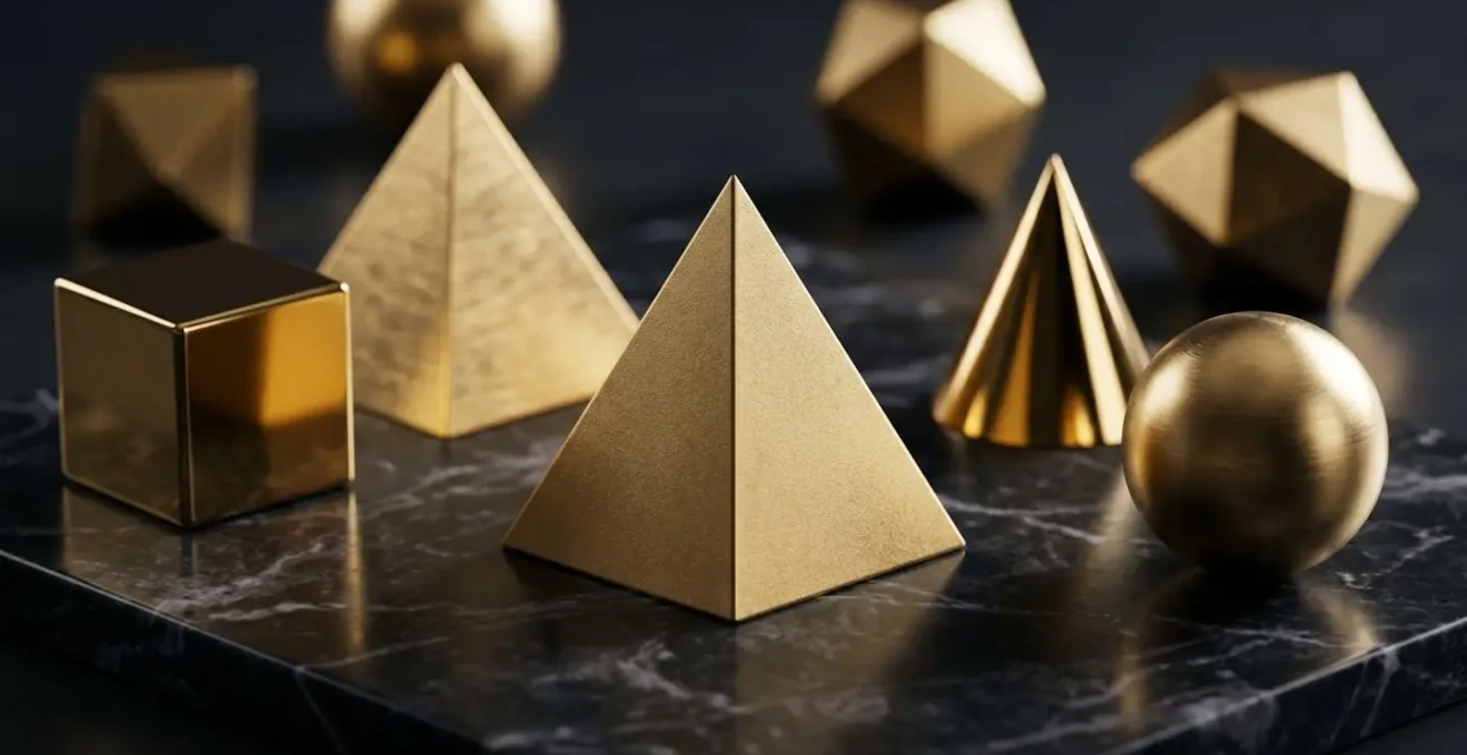 Composition abstraite de formes géométriques dorées représentant la segmentation client premium