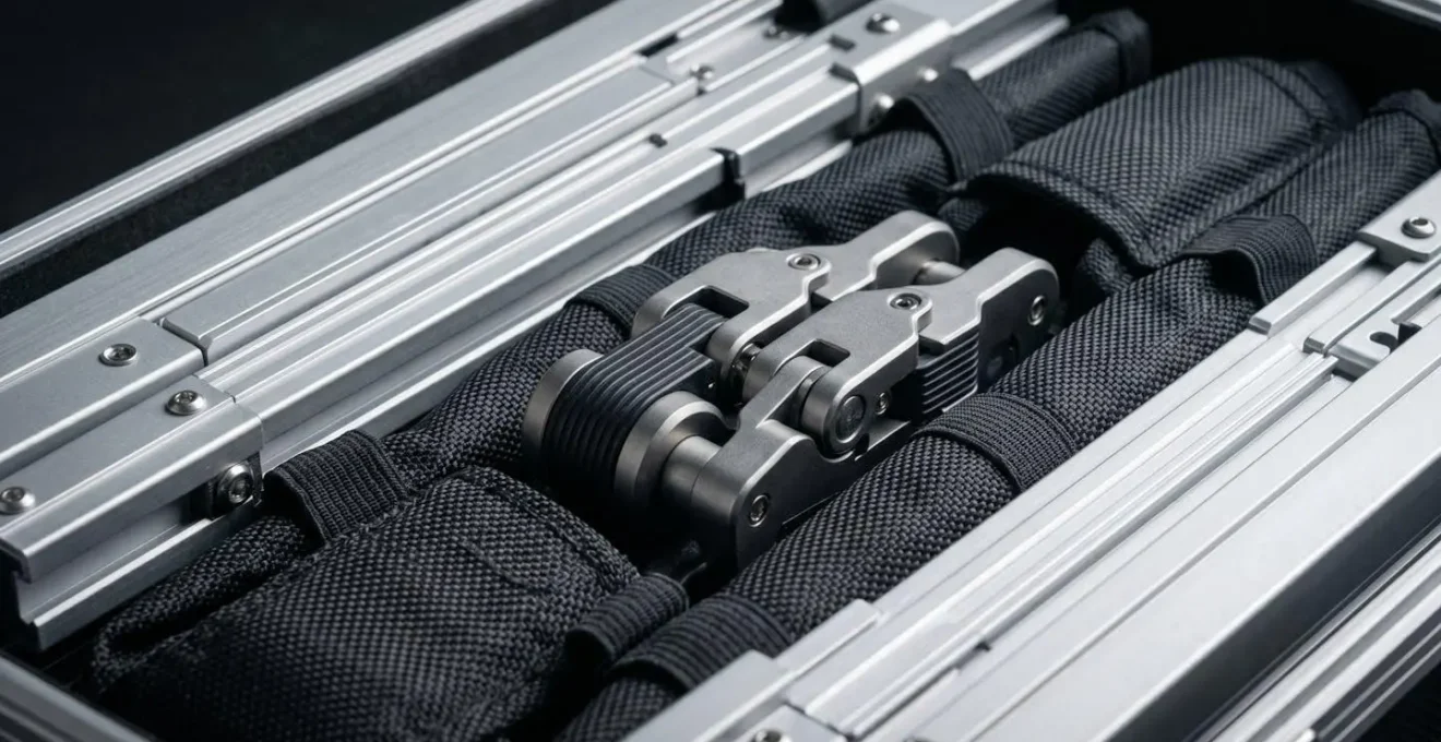 Valise de transport rigide contenant structure stand pliée, vue macro détails mécanisme aluminium et tissus techniques