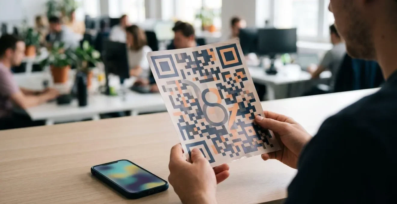 Flyer professionnel avec QR code visible et numéro de téléphone unique, posé sur une surface de bureau avec smartphone montrant une landing page floue