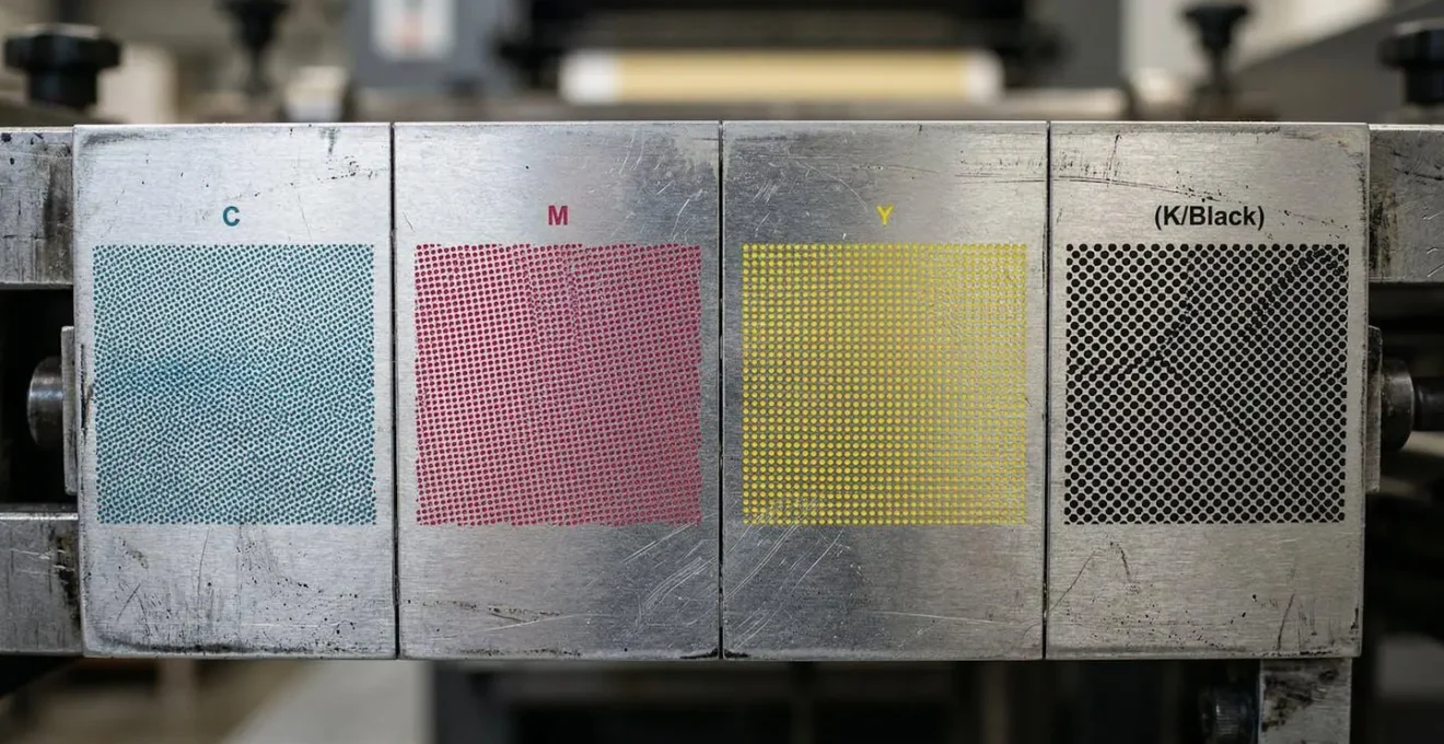 Détail macro des plaques d'impression offset CTP montrant les quatre couleurs CMJN