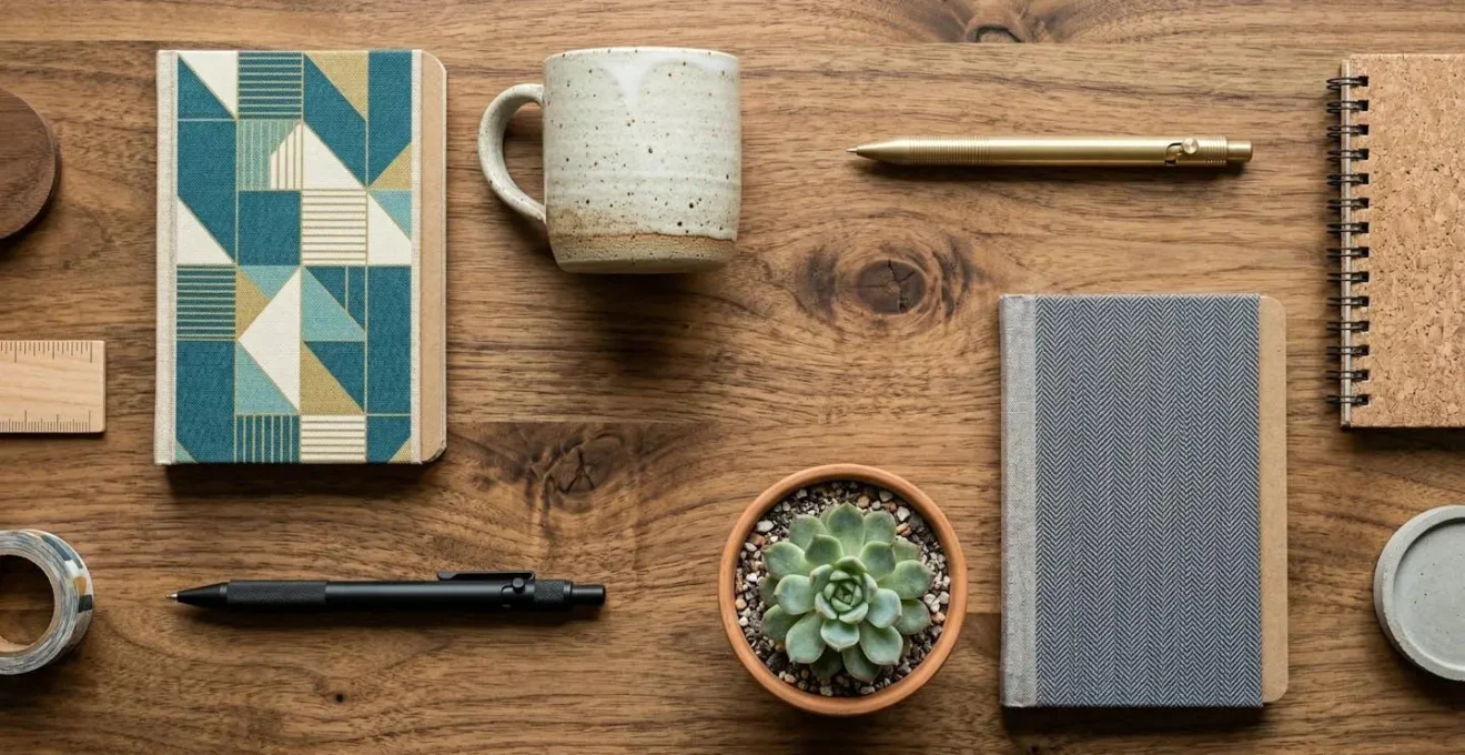 Kit de bienvenue d'entreprise disposé sur un bureau moderne avec accessoires professionnels