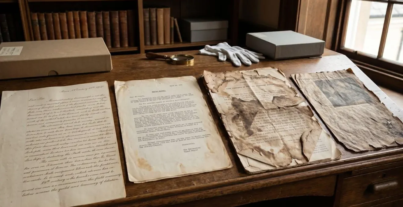 Documents d'archives imprimés montrant différentes qualités de conservation dans le temps