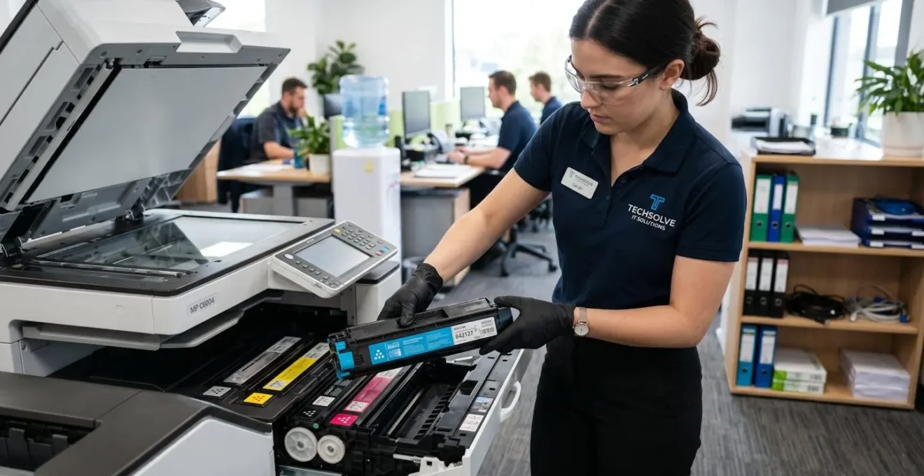 Personne portant des gants manipulant une cartouche de toner dans un environnement professionnel