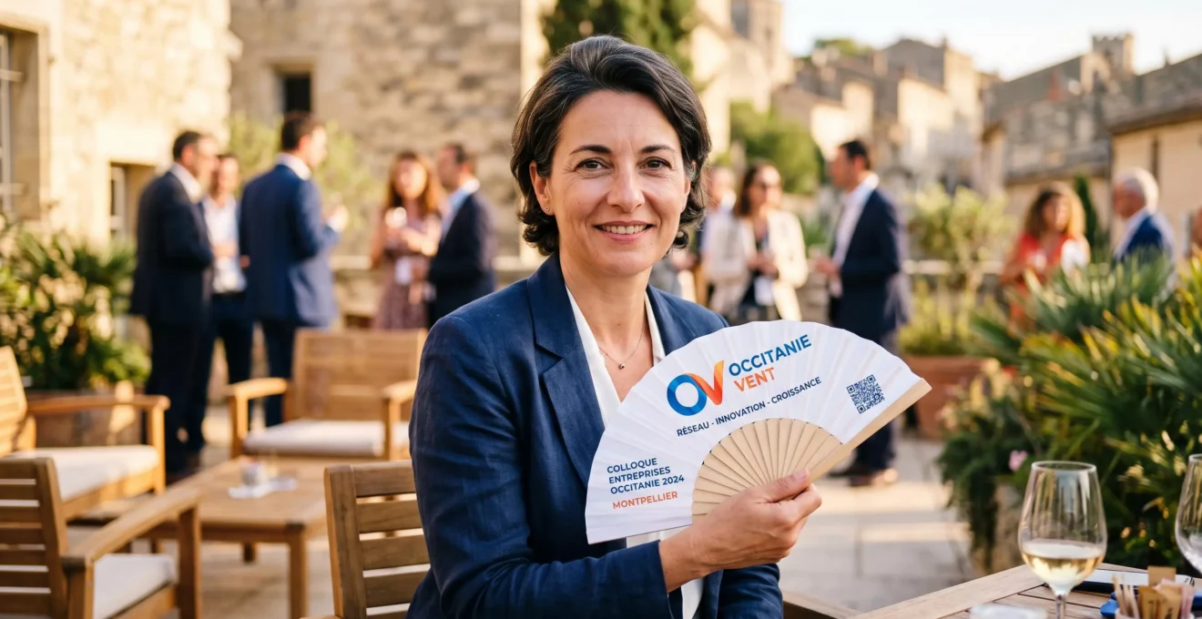 Professionnelle utilisant un éventail publicitaire personnalisé lors d'un événement outdoor estival, logo et informations de marque visibles sur le support déployé