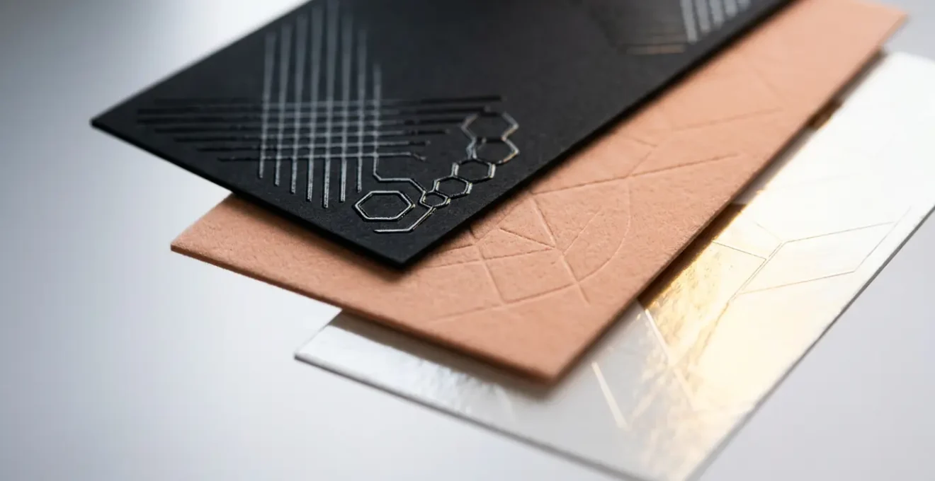 Gros plan sur échantillons de papier 350G avec finitions pelliculées mate et brillante, montrant la texture et la qualité d'impression